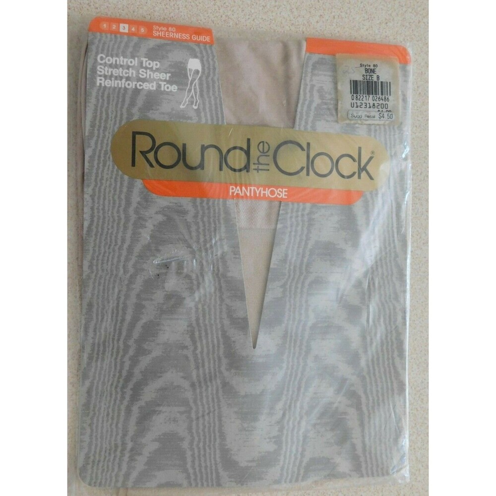 Vtg Round the Clock Control Top Sheer Pantyhose Stockings Size B Bone